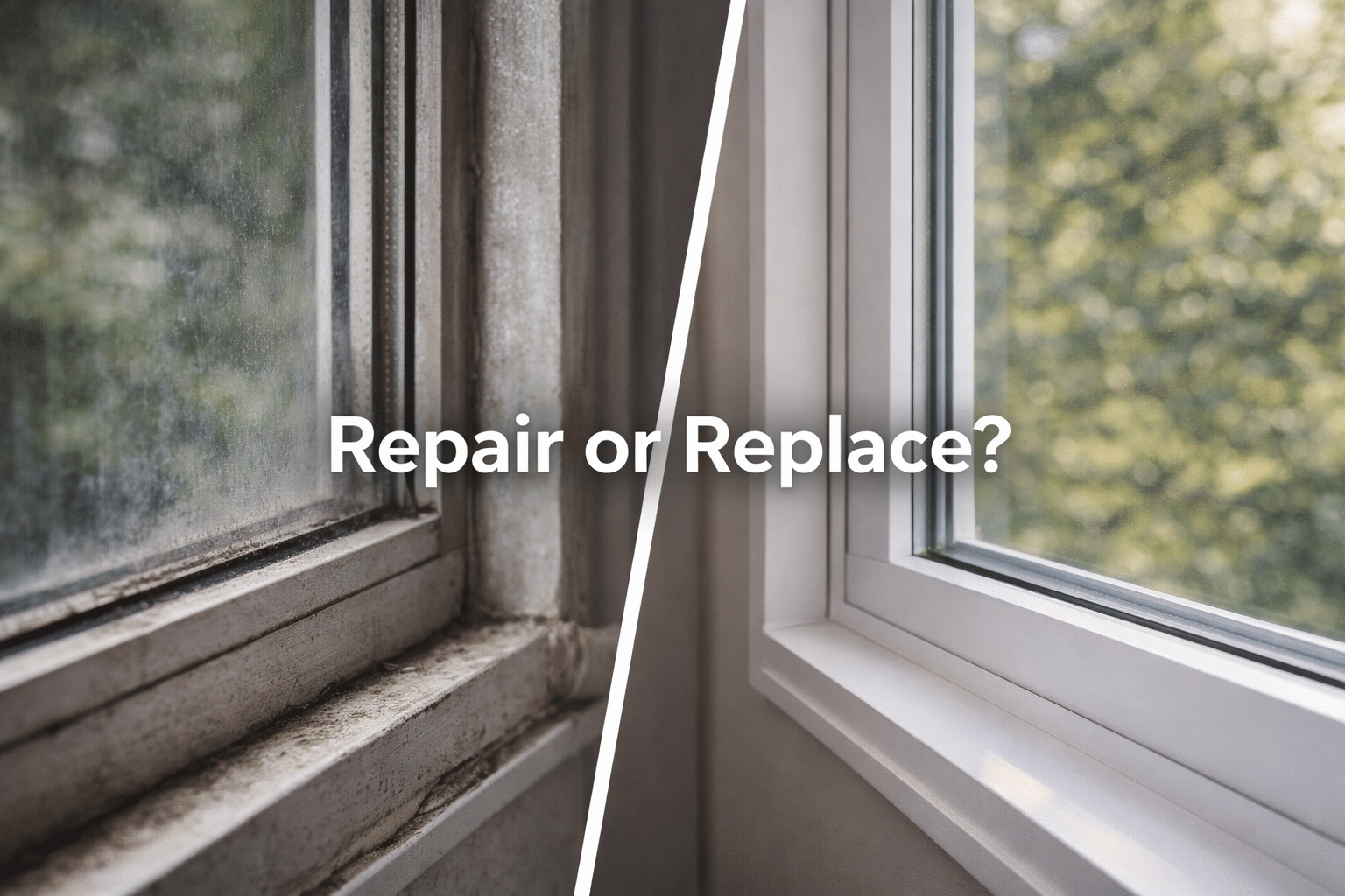 Side-by-side comparison of old aluminum window and new vinyl replacement window in Elk Grove home